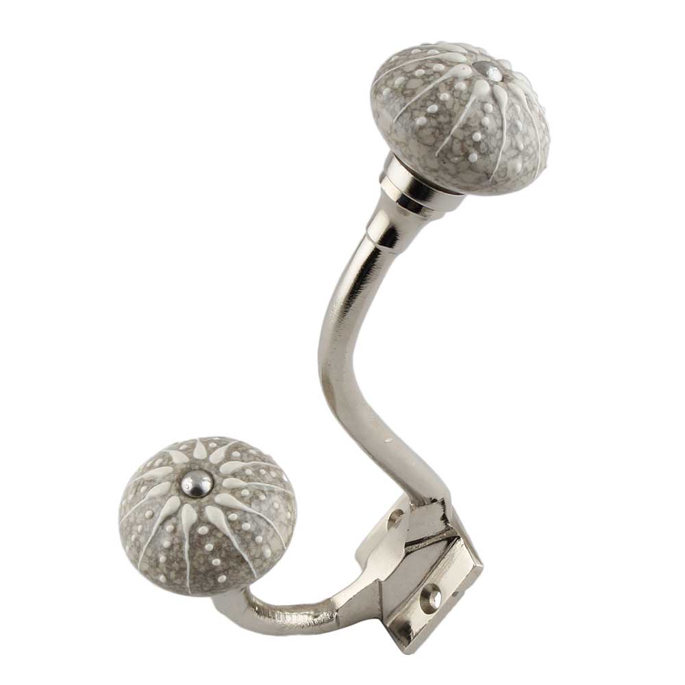 White Intricate Design Embossed Ceramic Crackle Silver Iron Hook